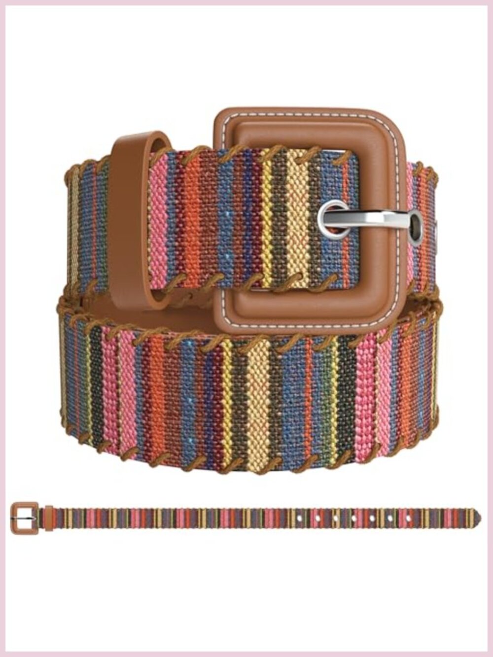 Woven Multicolor Boho Belt with Vegan Leather Square Buckle Adjustable